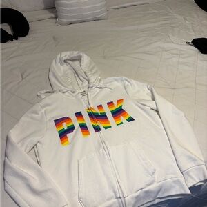PINK Victoria's Secret White Zip-Up Hoodie with Rainbow Logo